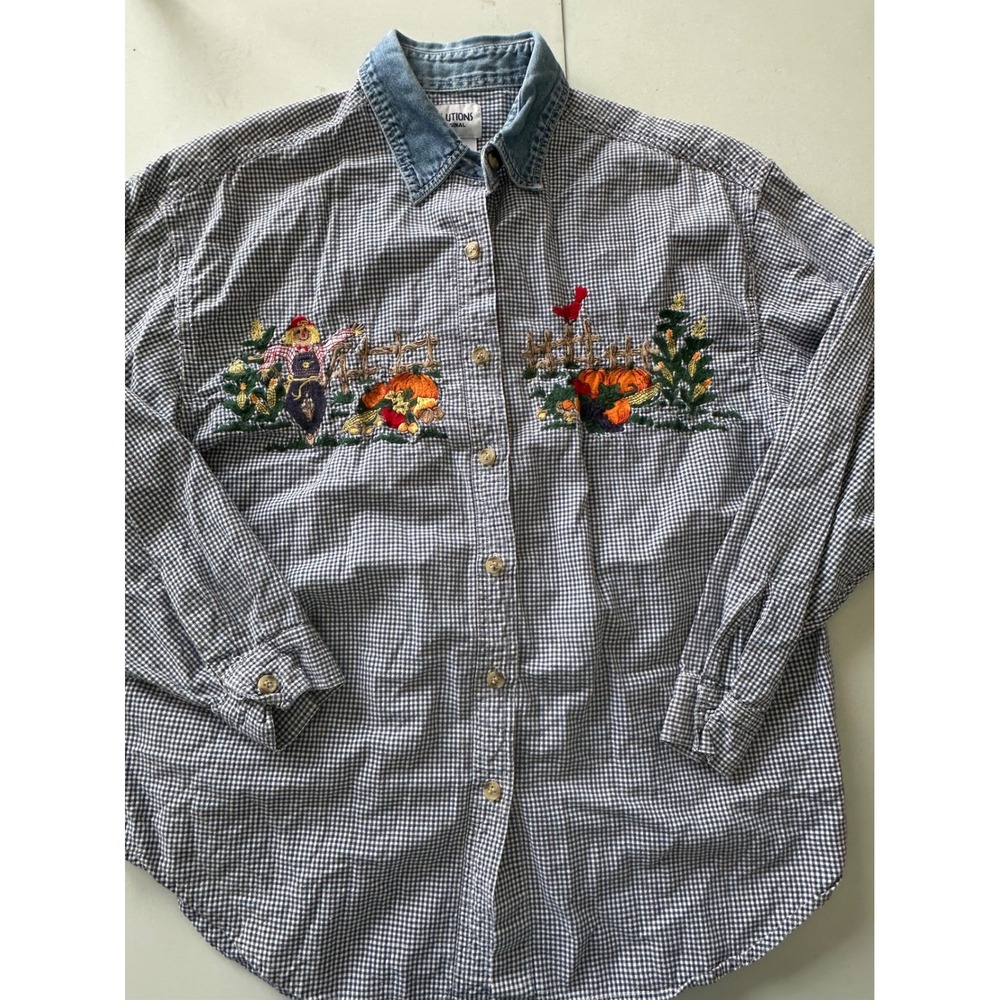 Solutions Original Women Large Gingham Fall Harvest Embroidered Denim Collar Top